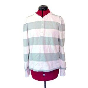 LOFT Outlet Henley Top M Green White Puff Sleeve Striped Shirt Women’s